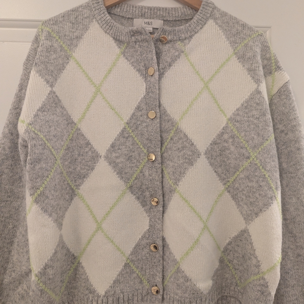Gray and White Argyle Women's Cardigan